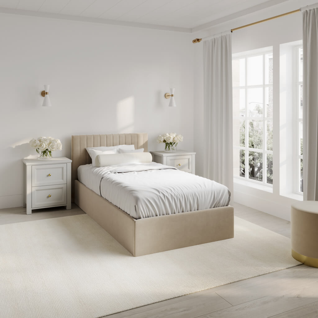 Berlin Beige Velvet Ottoman Single Bed